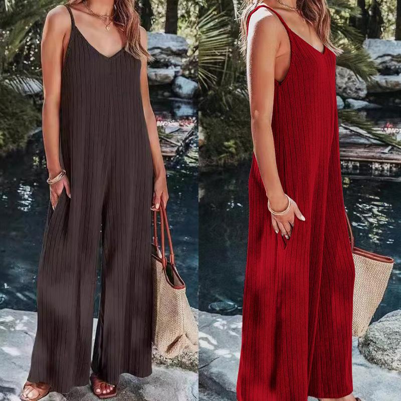 

1Set Polyester Fiber Fashion Knitting Sexy Backless Solid Color Trousers Casual with The Pocket Women s Suspender Jumpsuit M