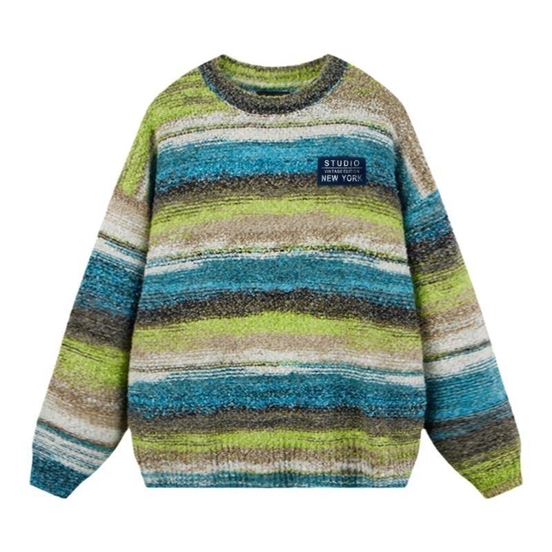 Autumn new couple's colorful striped crew neck sweater men's loose and lazy style pullover crew neck knitted sweater