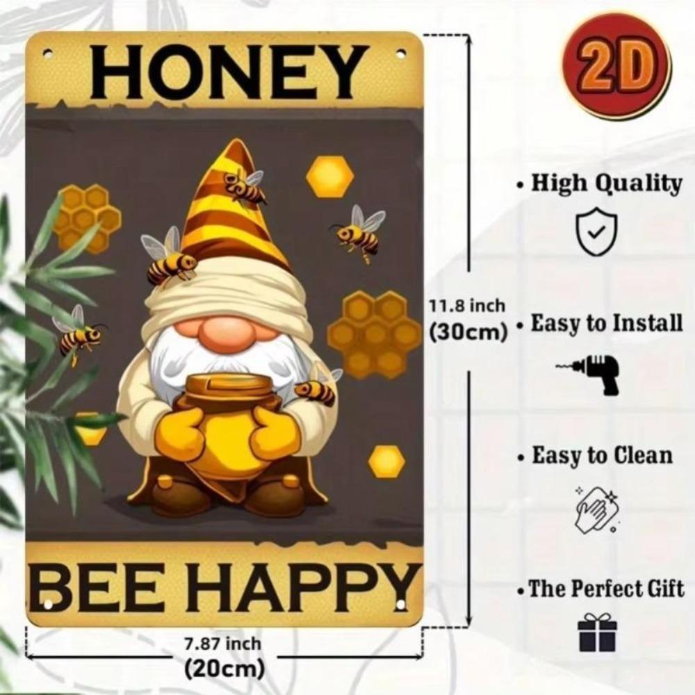 Metal Gnome with Bee Sign 2D Flat Garden Decor Outdoor Wall Art 20x30 cm
