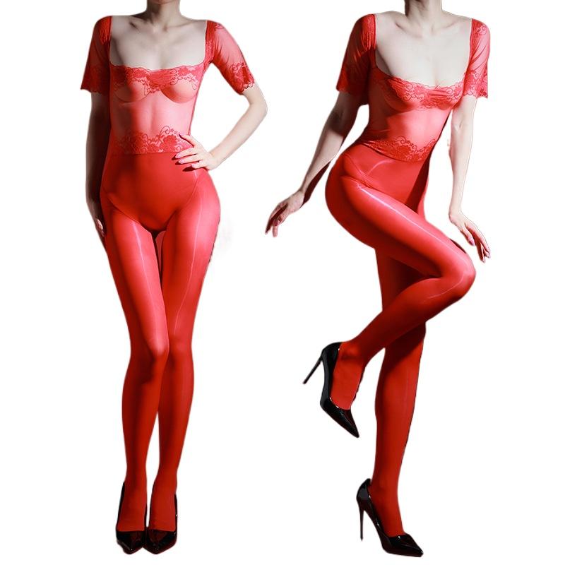Women Sexy Pantyhose Low Chest Lace Shoulder High Fork Seamless Oil Shiny Glossy Stockings Pantyhose Ultra-Thin Tights