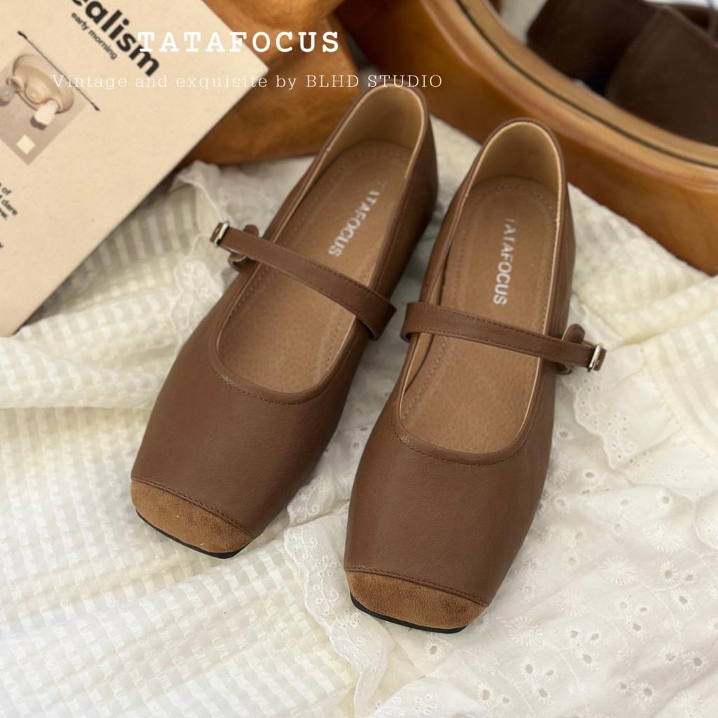 Splicing square head, thin, shallow mouth, flat-soled single shoes for women's 2025 spring new one-word belt, comfortable with skirt, grandma shoes