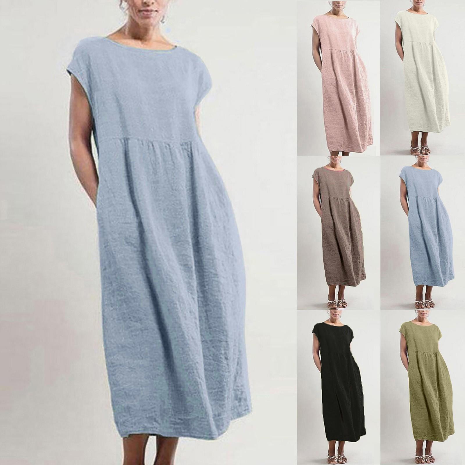 

Женское однотонное льняное свободное длинное платье-кафтан без рукавов с карманами и мешками