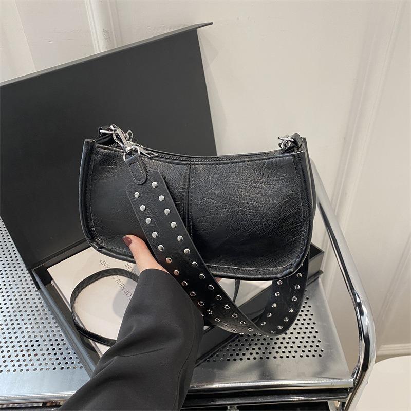Premium Women's Bag, Simple Rivet Shoulder Bag, Fashionable Wide Shoulder Strap Bag, Versatile Texture, Trendy Messenger Handbag.