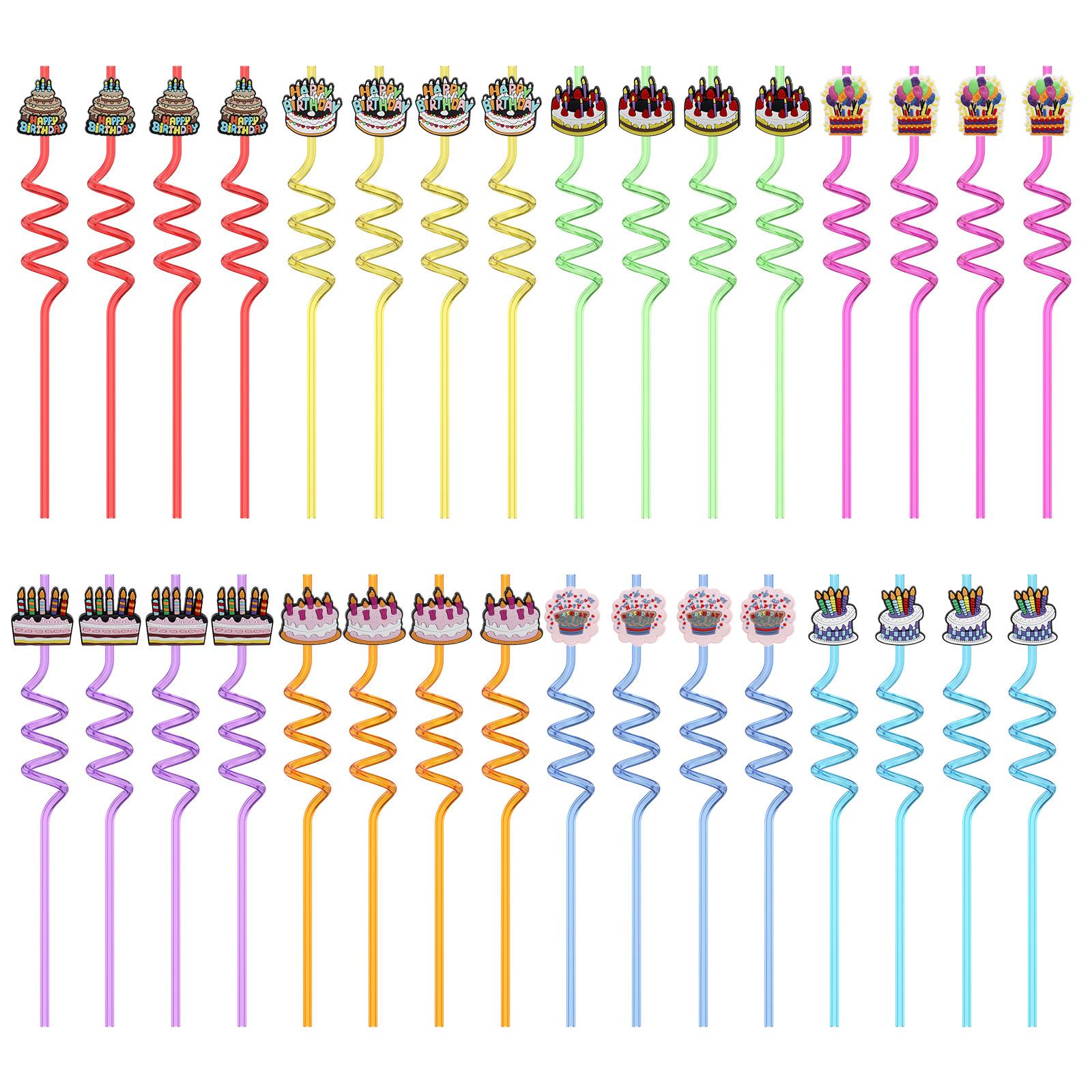 

32/48 Pcs Colorful Straw Reusable Spiral Straw Set Plastic Partys Straws with Bow Birthday Cake Decoration for Holiday and Party