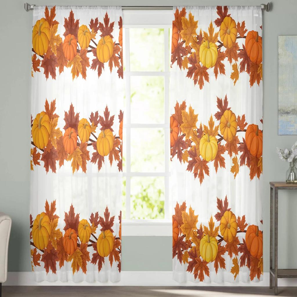Thanksgiving Autumn Pumpkin Maple Leaf Tulle Curtains For Living Room Bedroom Modern Chiffon Sheer Kitchen Curtains