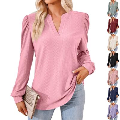 Outono e inverno nova cor sólida decote em V manga comprida solta camiseta feminina tops