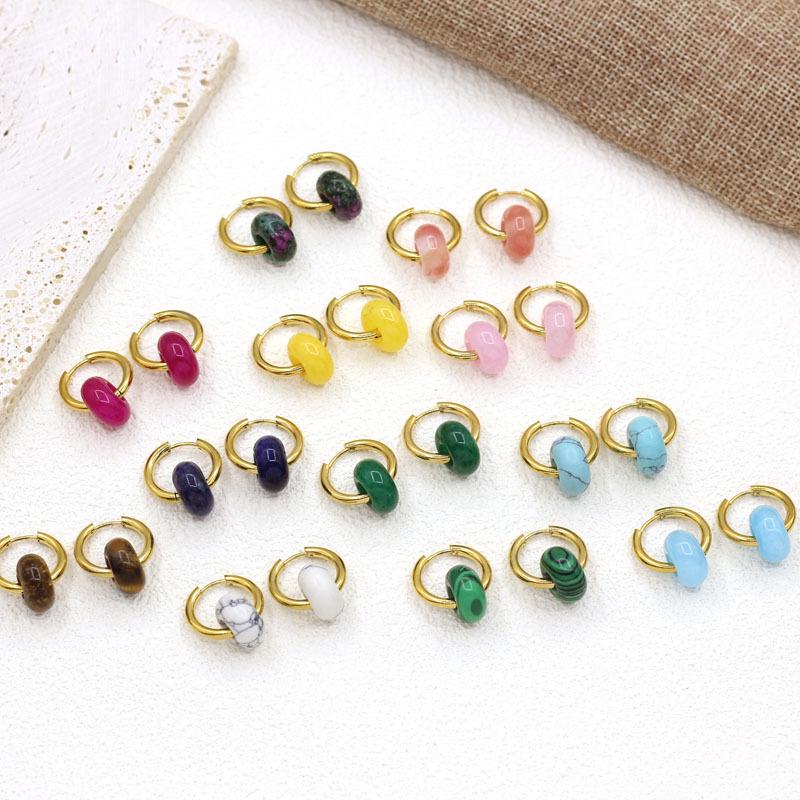 Chic Gold-Plated Stainless Steel Hoop Earrings with Natural Stone Pendants - European & American Street Style for Women