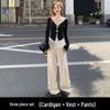 Ensemble 3 pièces pour femmes: Camisole Tricotée avec Dentelle Découpée et Nœud, Haut à Manches Longues et Pantalon Large Taille Haute à Pois