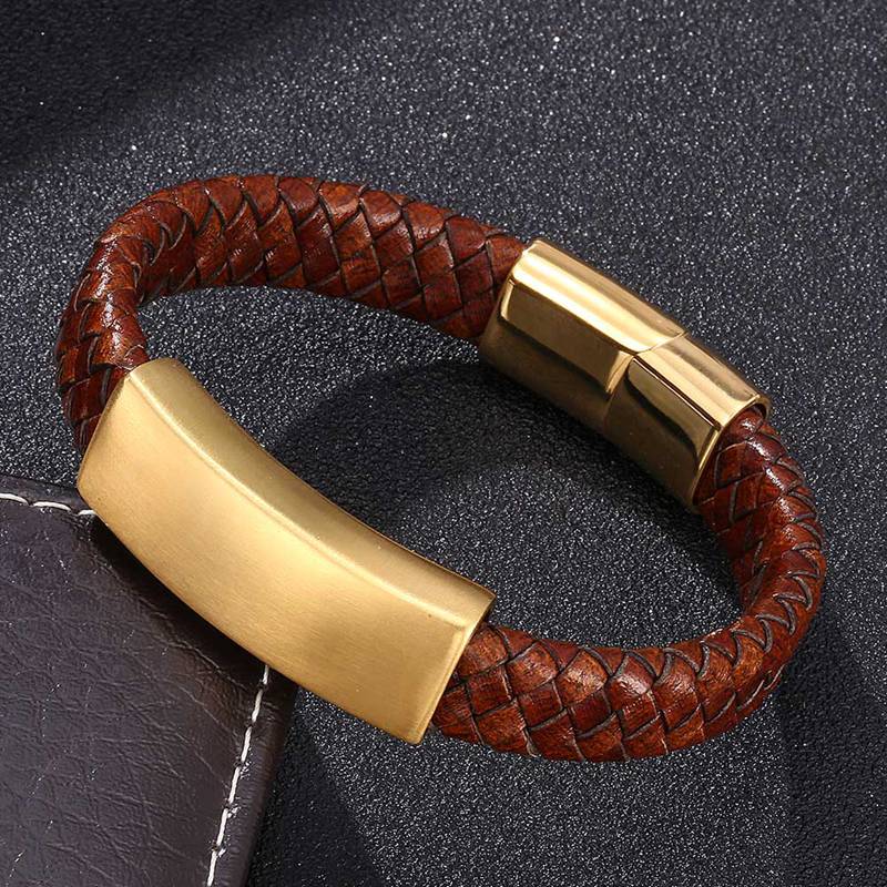 Vintage Men Bracelet Brown Leather Bracelet Gold Color Stainless Steel Buckle Bracelet Fashion Jewelry Gift