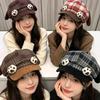 Cute Cat Paw Plaid Beret Hat Women Soft Cotton Wide Brim Adjustable Stylish Face-Framing