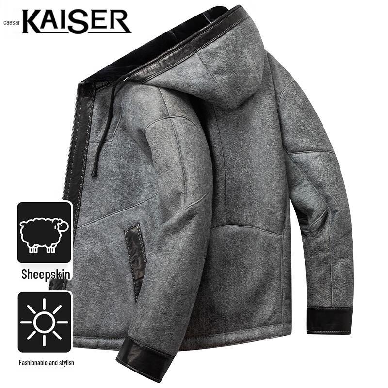 

KAISER Men s Shearling Lined Hooded Leather Jacket 2XL
