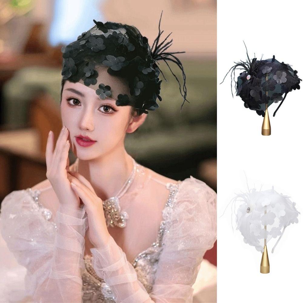 Luxury Feather Hat Hair Hoop Black/White Net Hairband Stylish Mesh Veil Headdress Caps  for Women