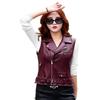 Noora Womens Maroon Lambskin Leather Biker Vest Coat | Maroon Belted Biker Leather Vest Coat With Zipper