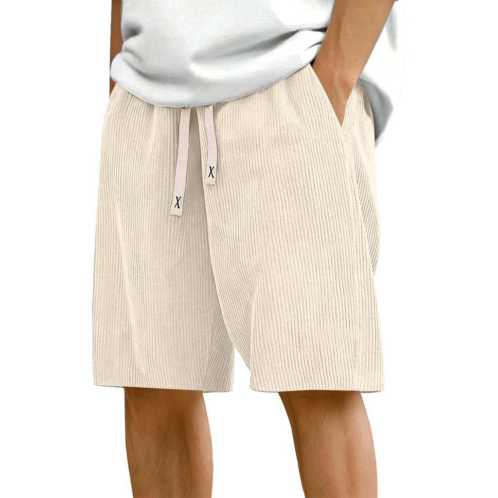 Men's Corduroy Casual Shorts Elastic Waistband Drawstring Outdoor Sports Shorts Lightweight Breathable Fabric Relaxed Fit