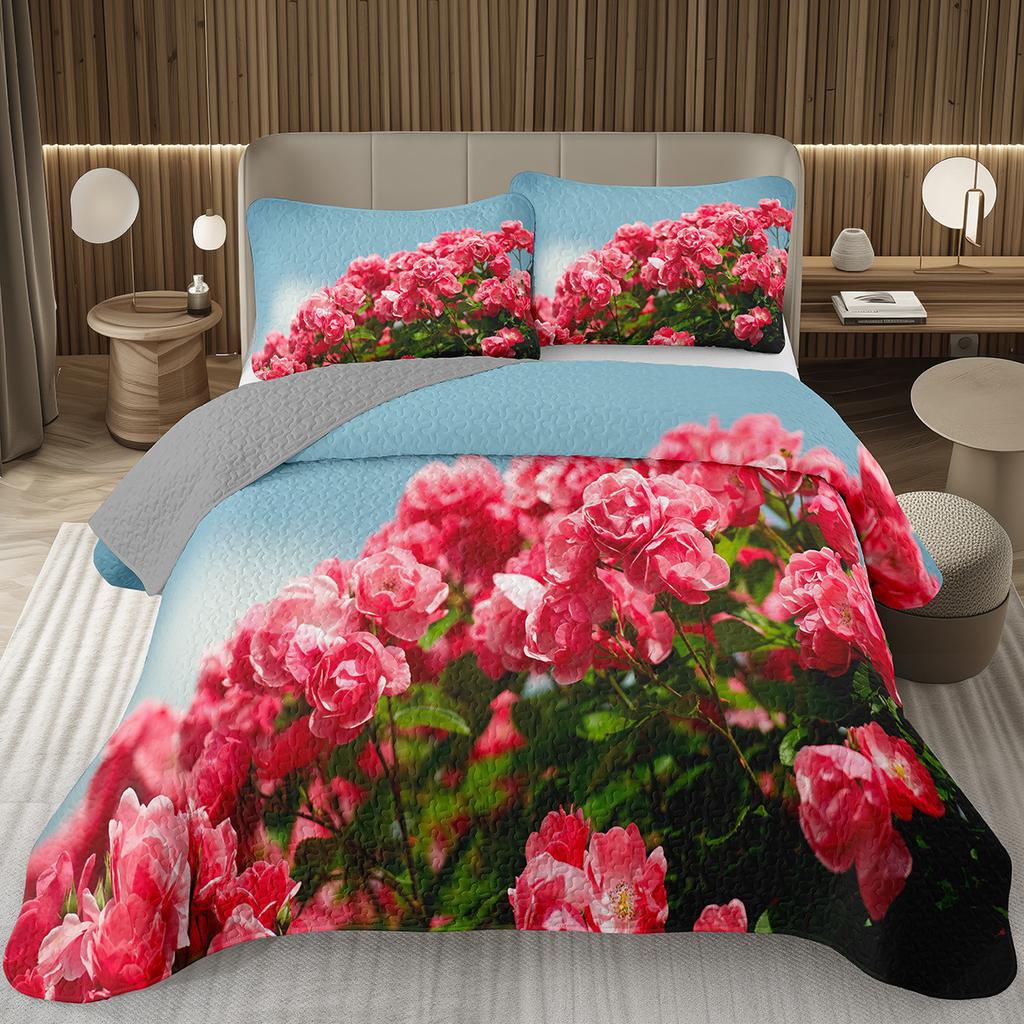 Romantic Rose Bedspread Queen/King/Twin Botanical Floral Coverlet Valentine's Day Quilted Bedding Set for Girls Women Room Decor