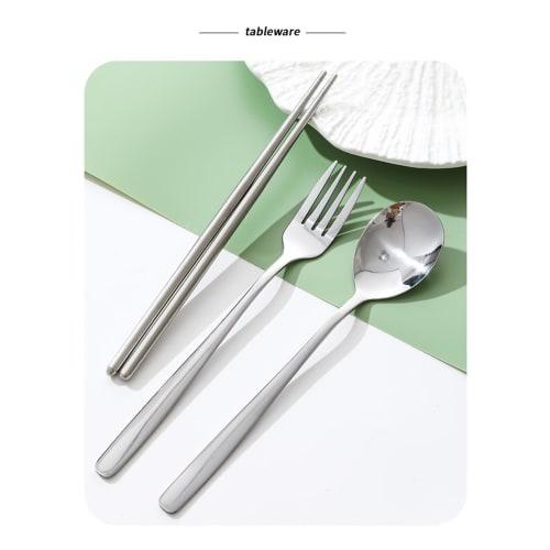 Stainless steel 3-piece cutlery set including chopsticks, fork, and spoon. Lightweight and convenient, portable tableware set with a convenient case f