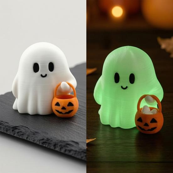Halloween Ghost Pumpkin Statue, 3D Printed Glow In the Dark Figurine, Cute Mini Trick or Treat Candy Bucket Ornament for Desktop