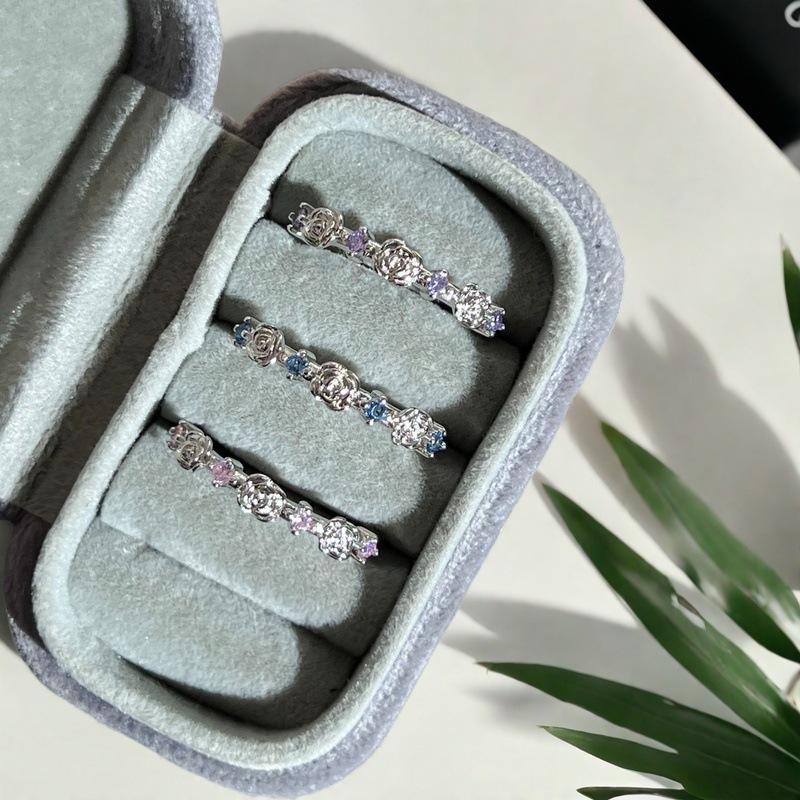 French Light Luxury Cross-Color Mixed Zircon Rose Open Ring Ring Women'S Niche Premium Thorn Ring