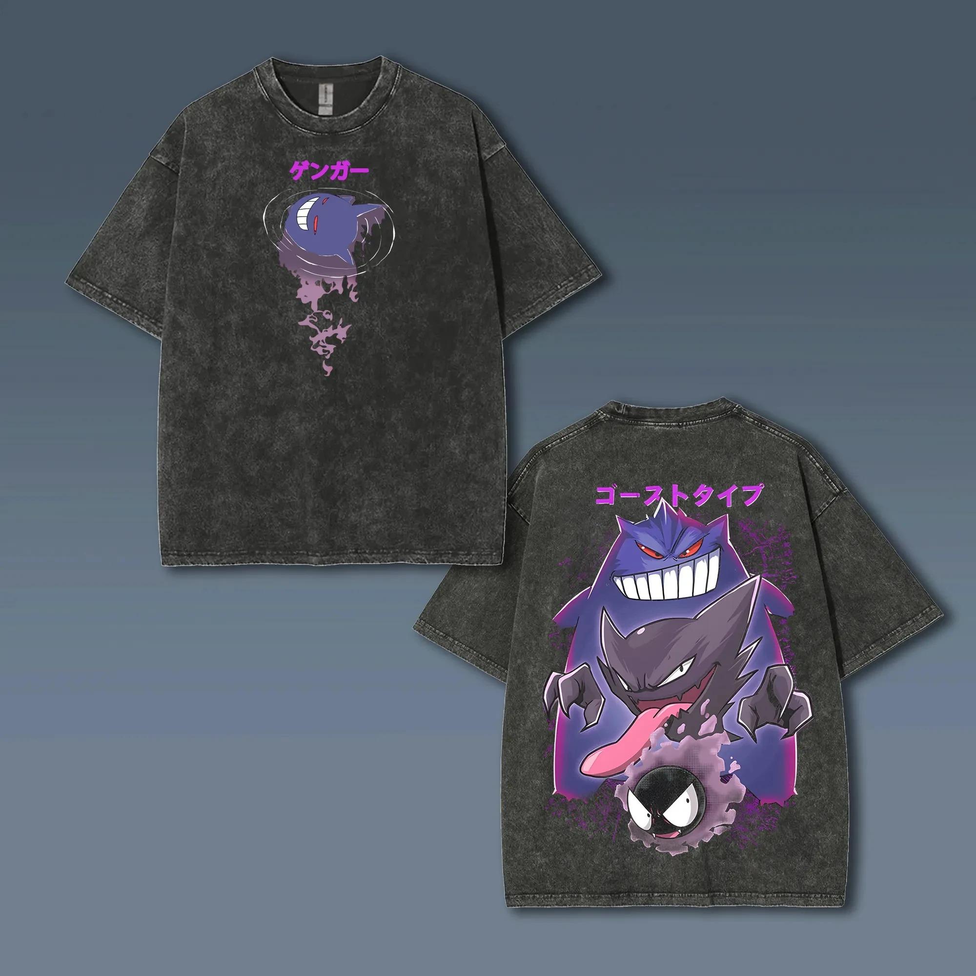 Fashion Hip Hop Clothes Pok&eacute;mon Animatie Afgeleiden Gengar Print Retro Gewassen Korte Mouw T-shirt Heren en Dames 2025 Zomer Mode Kleding S oranje