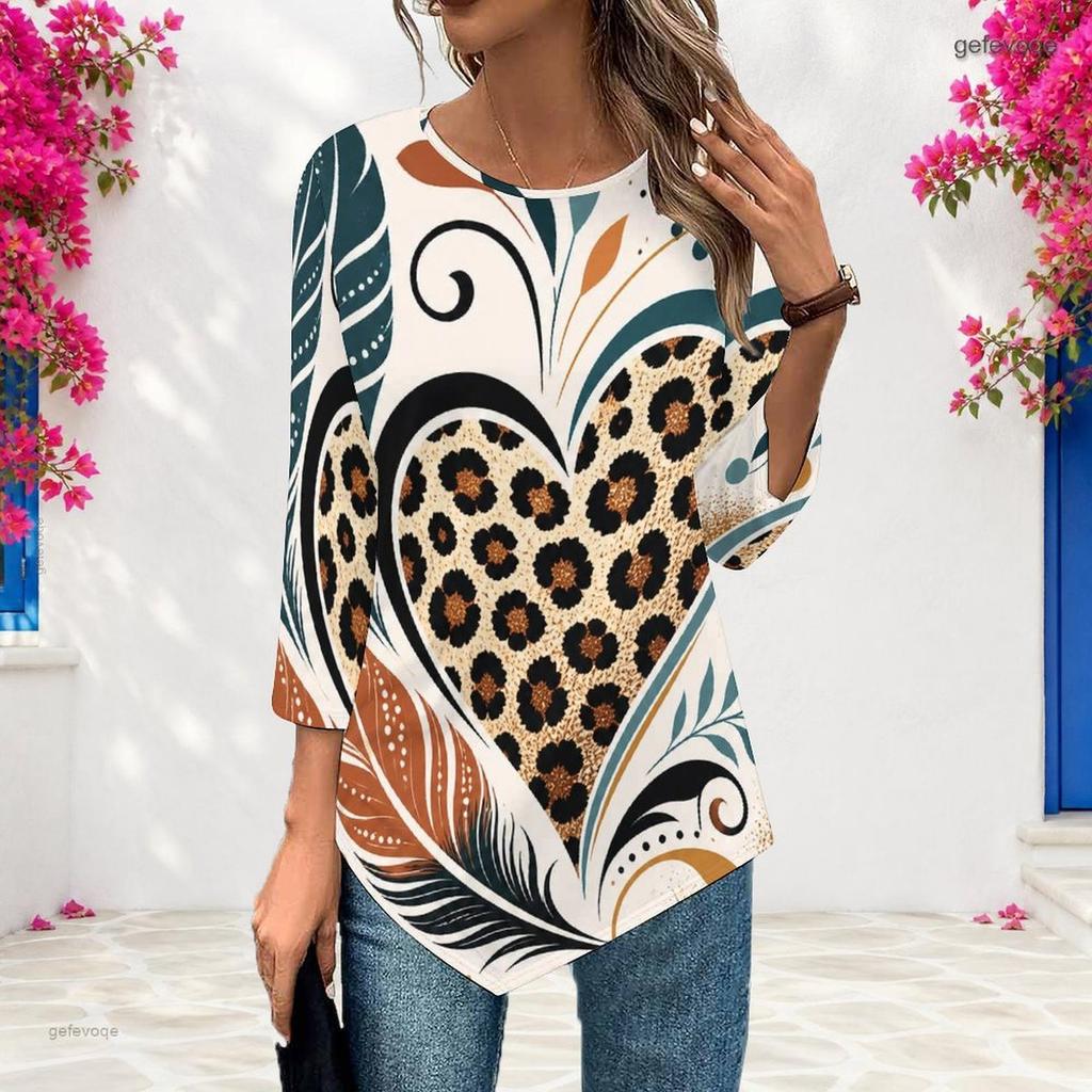 Ladies Plus Size Three Quarter Sleeve Shirt Pointed Hem Loose Breathable Casual For Office Daily Wear