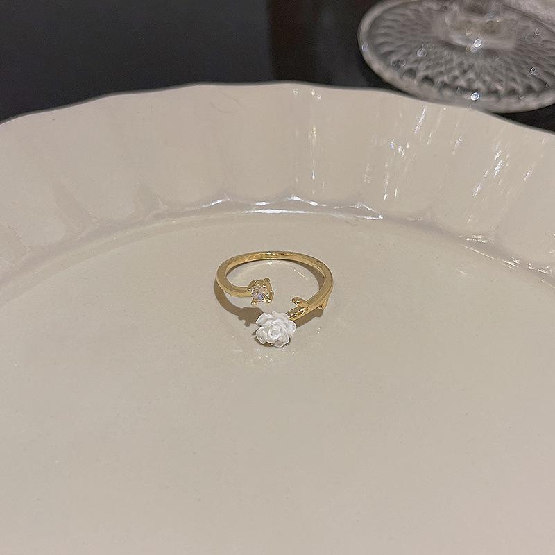 Korean Style Zircon Camellia Adjustable Ring - Fresh Design for Women