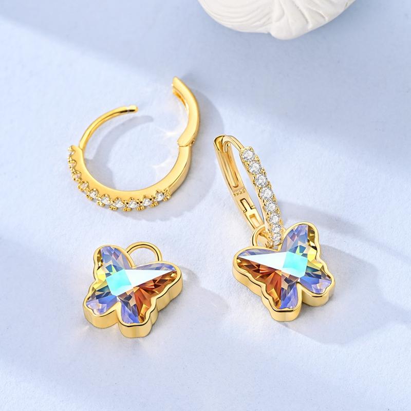New 925 Sterling Copper Gold Color Hoop Earrings Butterfly Paved CZ Stone Original Golden Earrings For Women Fine Zircon Gift