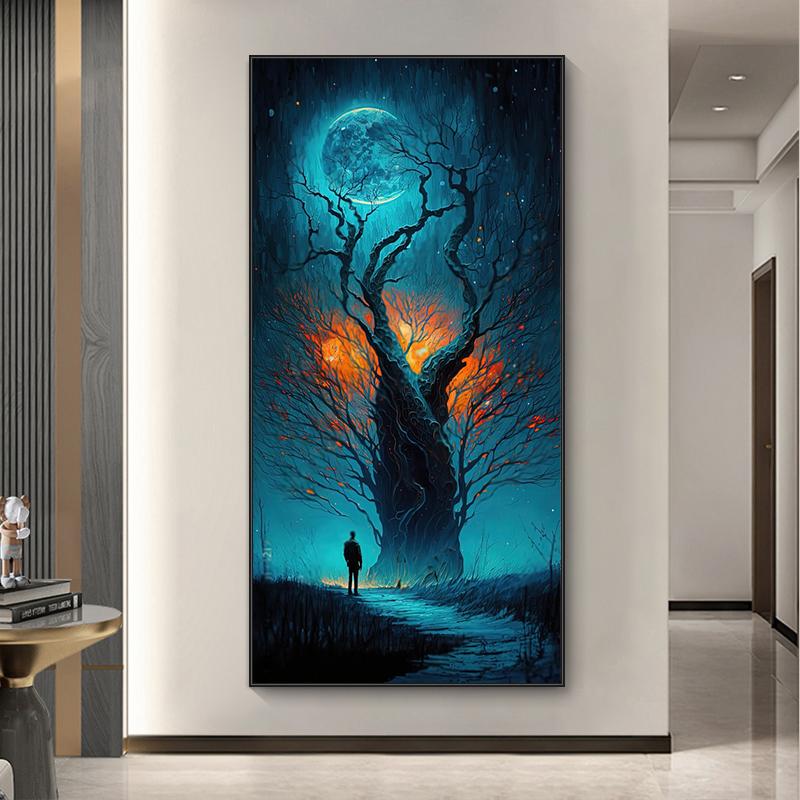 Mørk Skog Livets Tre Lerret Maleri Veggkunst Magisk Skog Landskap Plakater og Trykk for Veranda Stue Dekor Cuadros
