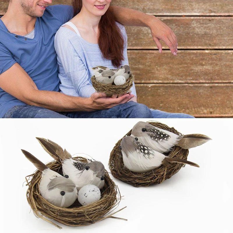 Realistic Set 1 Feathered Birds With Nest Birds Egg Artificial Garden Decor Tree