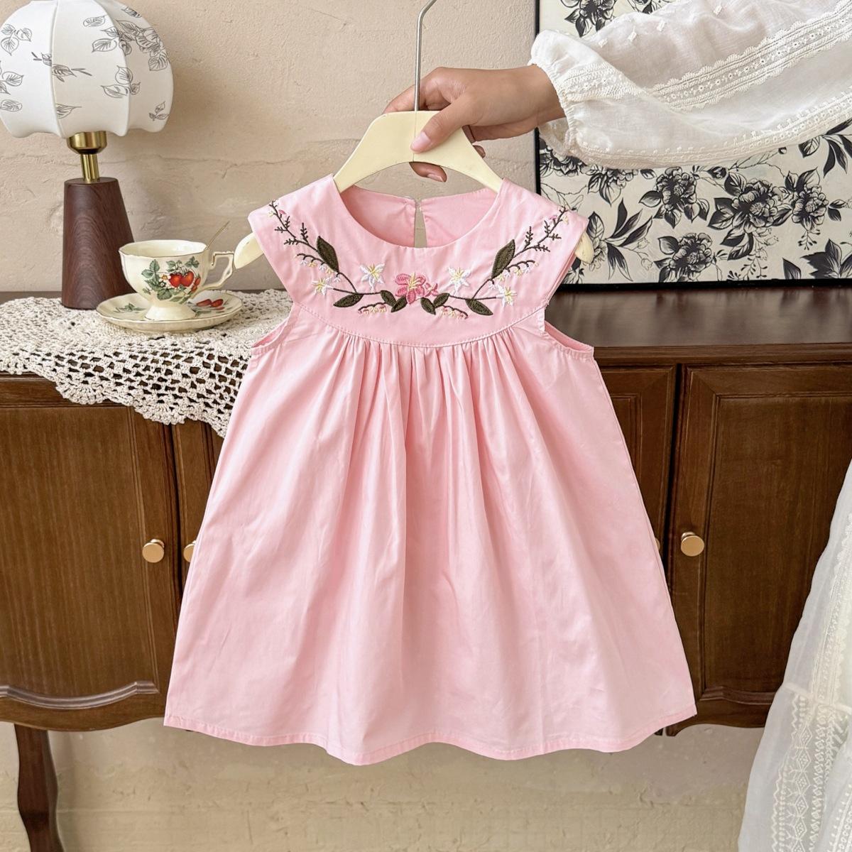 Summer Girls Sleeveless Dress With Floral Embroidery Mori Princess Vest Dress For Little Kids 90cm