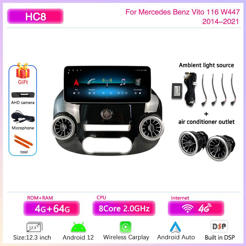 12.3" Android 12 Car Multimedia Video Player For Mercedes Benz Vito 116 W447 2014-2025 GPS Navigation8core CarPlay 4G 360Camera