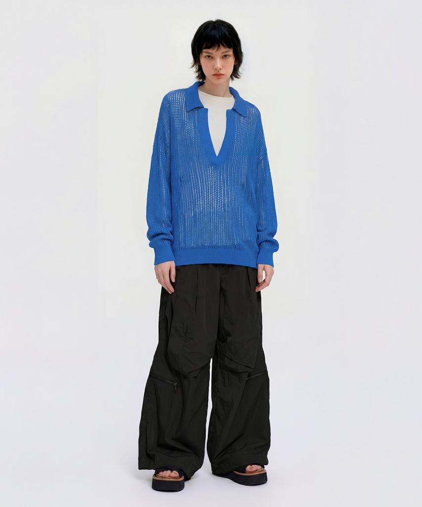CUTZ Mesh Boucle Open Collar Pullover (Blue)