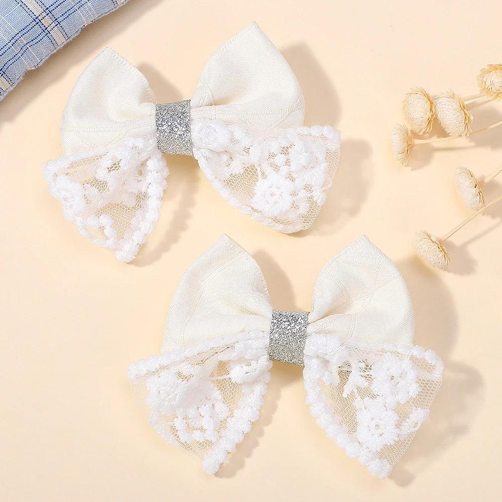 RAINBOW BOWS 2Pcs/lot Sweet Lace Bowknot Hair Clip for Kids Fashion Denim Blue Hairpin Hairgripes Girl Party Hair Accessories
