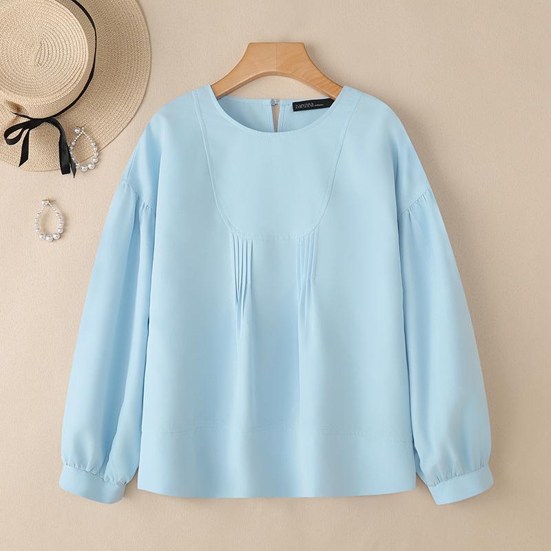 ZANZEA Women Casual Round Neck Solid Color Long Sleeve Blouse