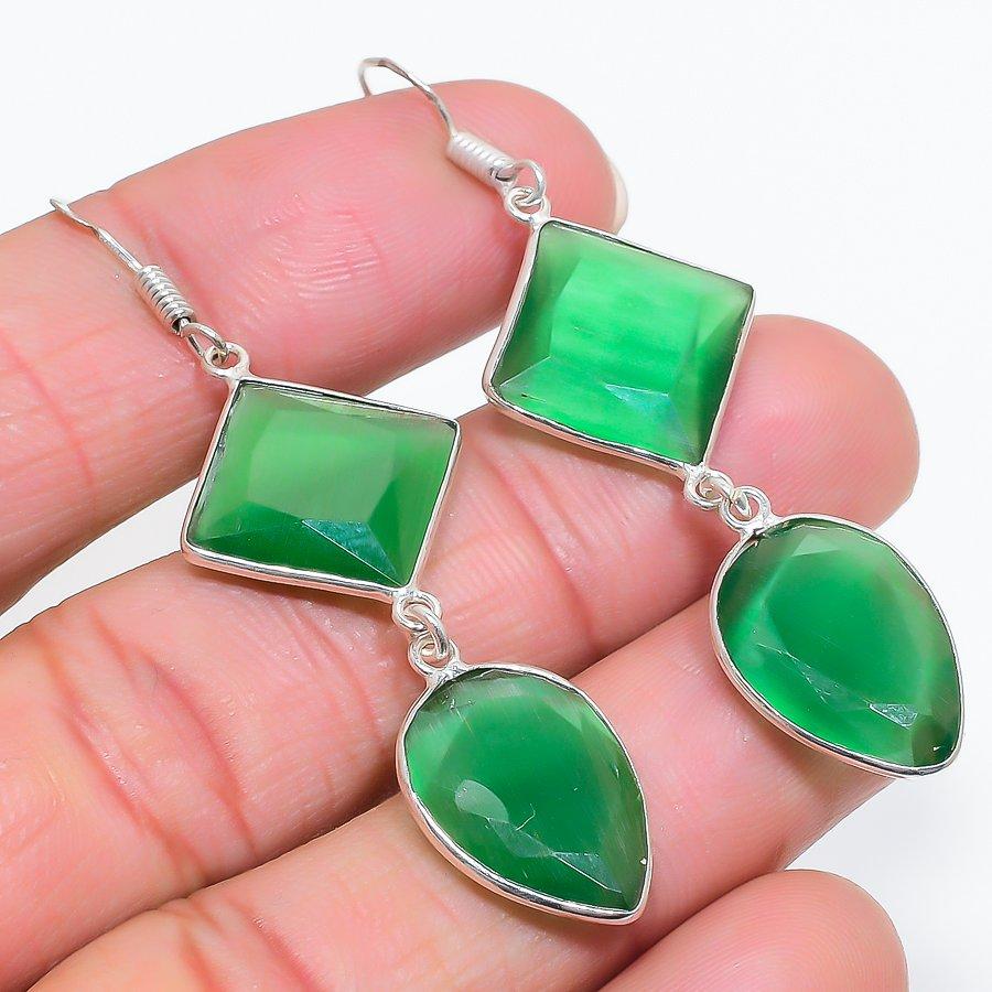 Green Monalisa Gemstone Handmade 925 Sterling Silver Jewelry Earring 2.56" GK-6443