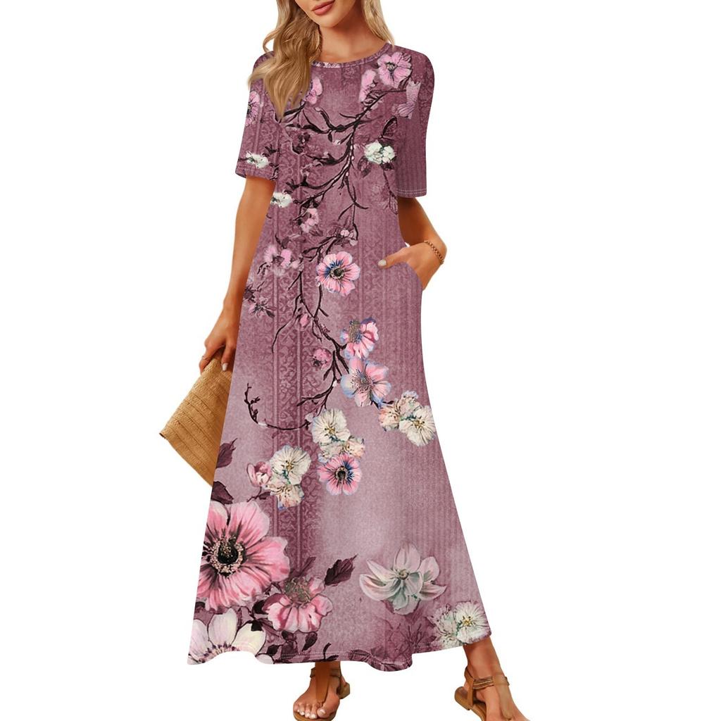 Women's Fashionable And Casual Long Beach Skirt Round Neck Short Sleeved Loose Retro Print Dress