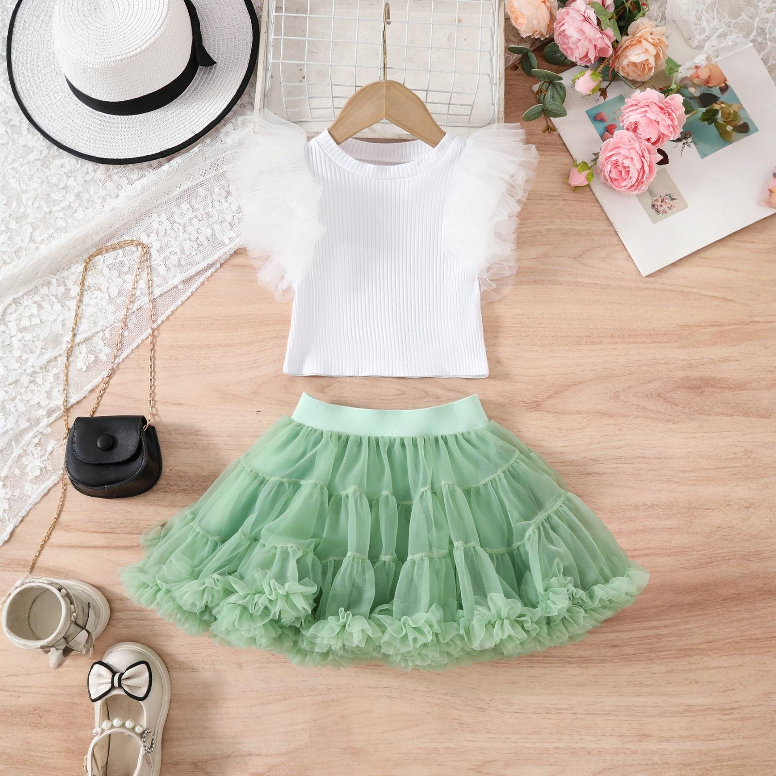 

Летний комплект для девочек: топ с сетчатыми рукавами принцессы + юбка 130 зелёный