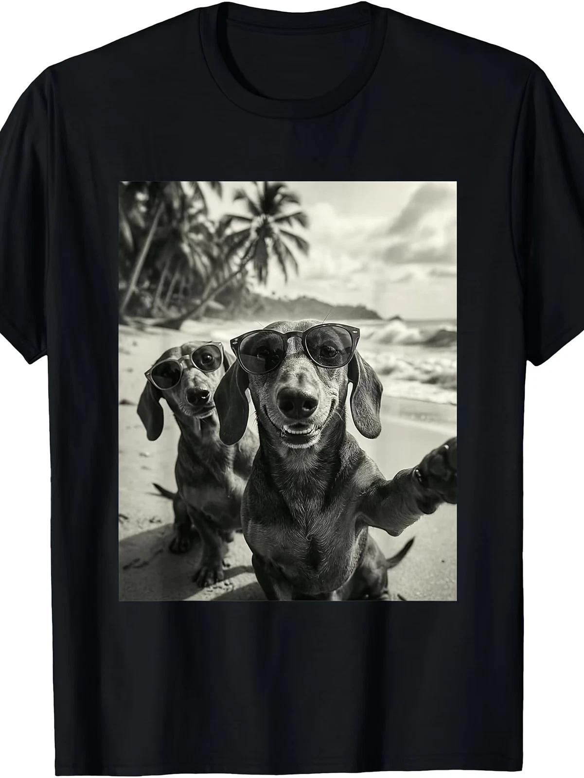 Funny Dog Selfie of a Cool Dachshund Wearing Glasses at The Beach on a T-Shirt M