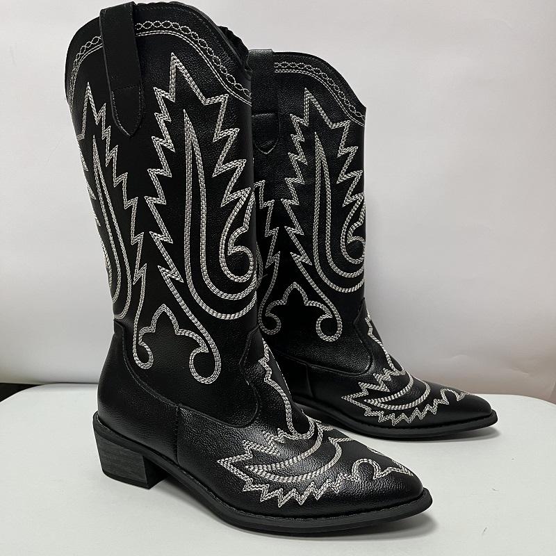 

Модные IPPEUM Женские ковбойские сапоги в западном стиле Красные сапоги до колена с широким голенищем Сапоги ковбойки Вышитые Белый заостренный носок Массивная обувь на каблуке 12 (27.0CM)