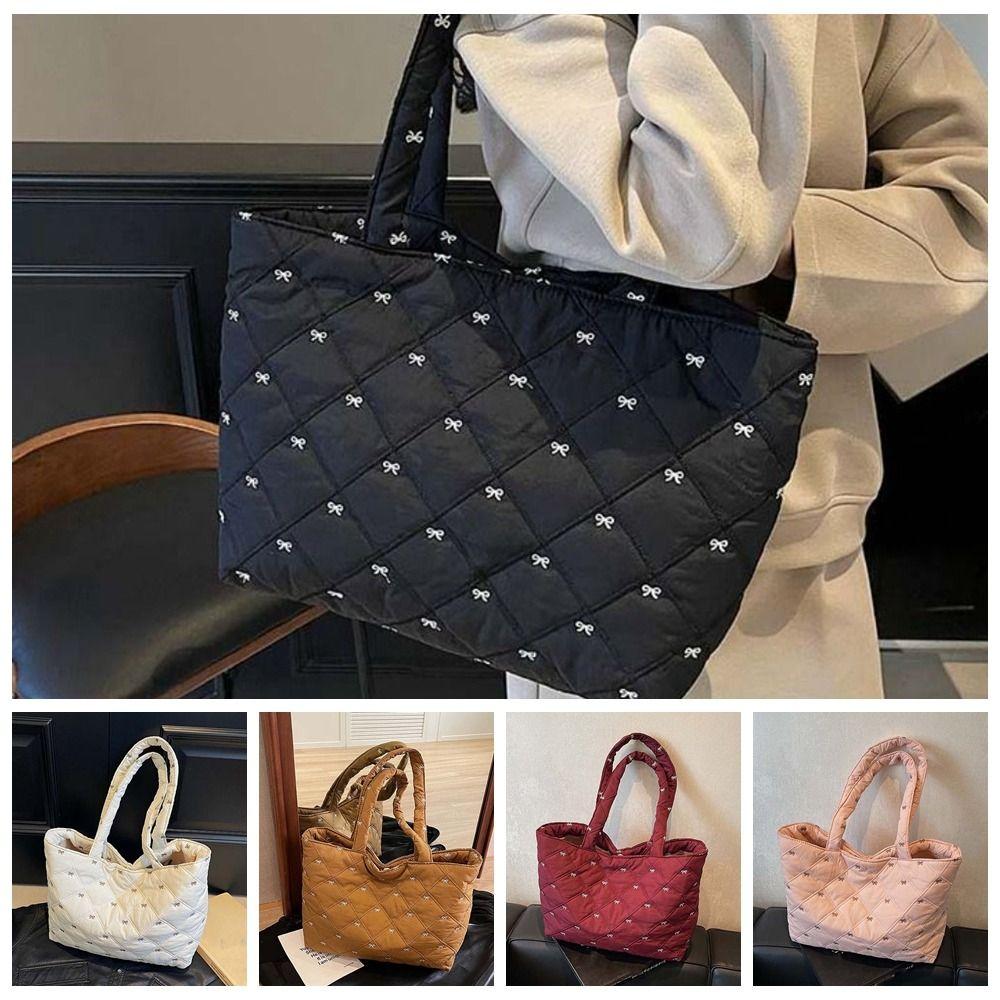 Versatile Quilted Tote Bag Sweet Bubble Shoulder Bag Cloth Bag Rhombus Plaid Handbag  Women