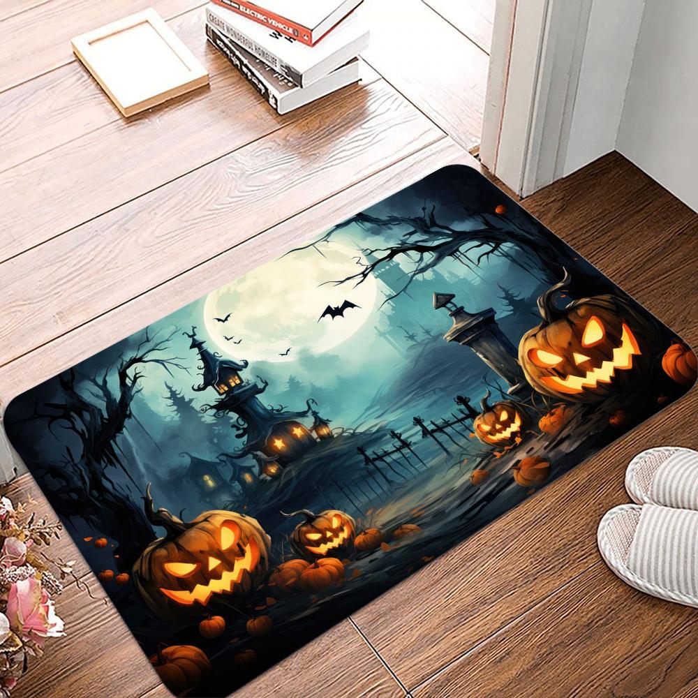 Halloween Pattern Door Mat Vivid Pumpkin Moonlit Night Designs with Bats and Spooky Trees NonSlip Floor Mat for Home Decor