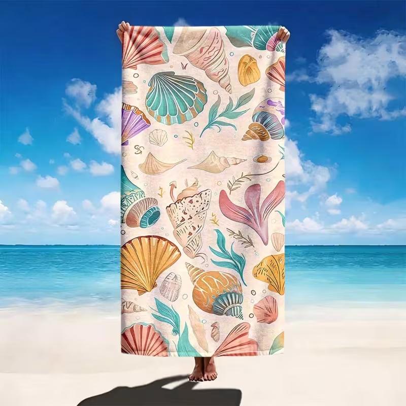 Watercolor Seashell Beach Towel Boho Vintage Ocean Shell Seaweed Print Towel Quick Dry Sandproof Absorbent Beach Blanket