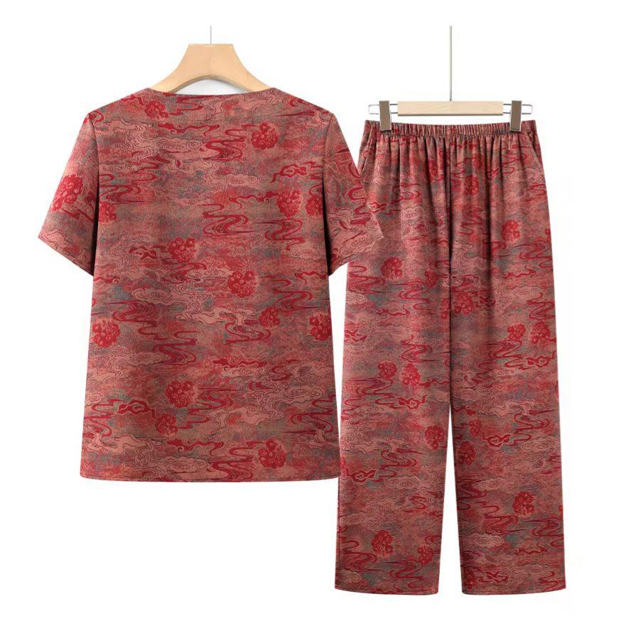 Grandma's Summer Ice Silk Short Sleeve Set for Women: Cool, Comfortable Shirts for Middle-Aged and Elderly Ladies