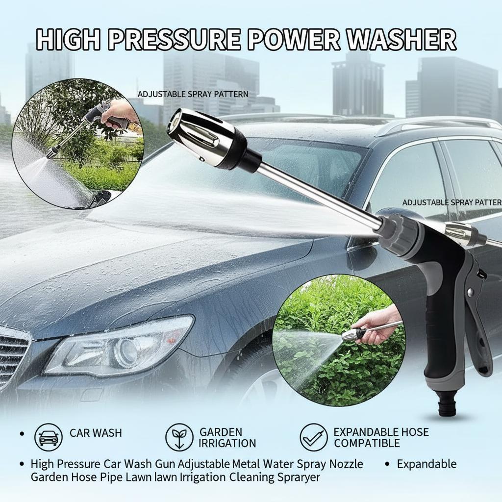High Pressure Car Wash Gun Adjustable Metal Water Spray Nozzle For Expandable Garden Hose Pipe Lawn Irrigation Cleaning Sprayer