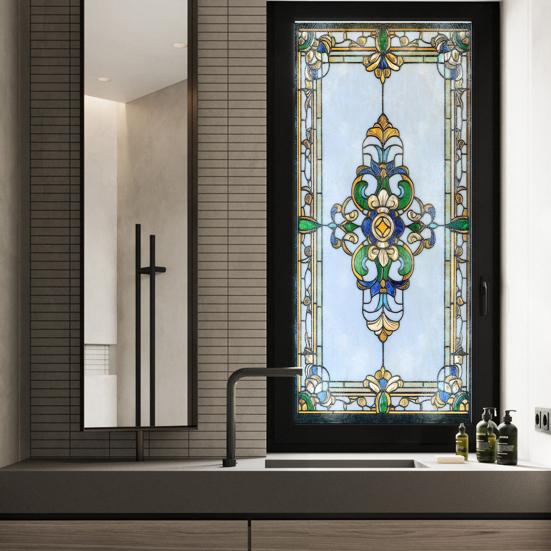 Yousheng Privacy Window Film Vintage Stained Glass Style Static Window Cling Decorative Glass Sticker for Cabinet Bathroom Kitchen Door Panel