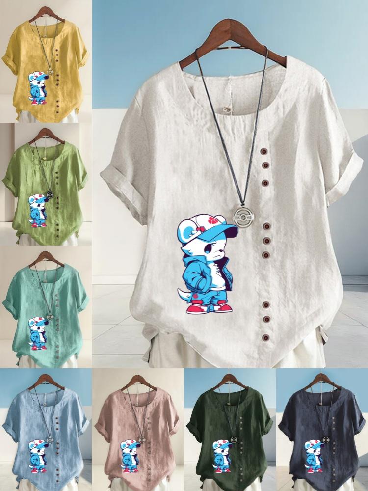 Women's Fashion Blue Bear Print Shot Sleeve T-shirt Loose Cotton Shirt Casual Loose Summer Blouse Tops Plus Size