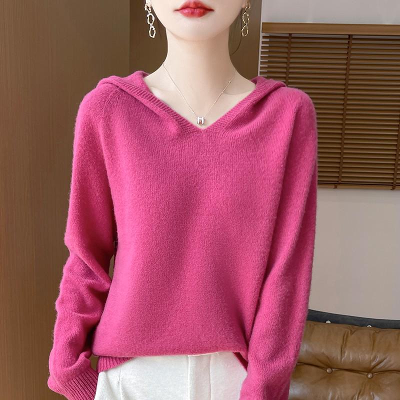 Damtröja med huva i ren australisk ull, tjock sju-gauge stickning, avslappnad ready-to-wear pullover