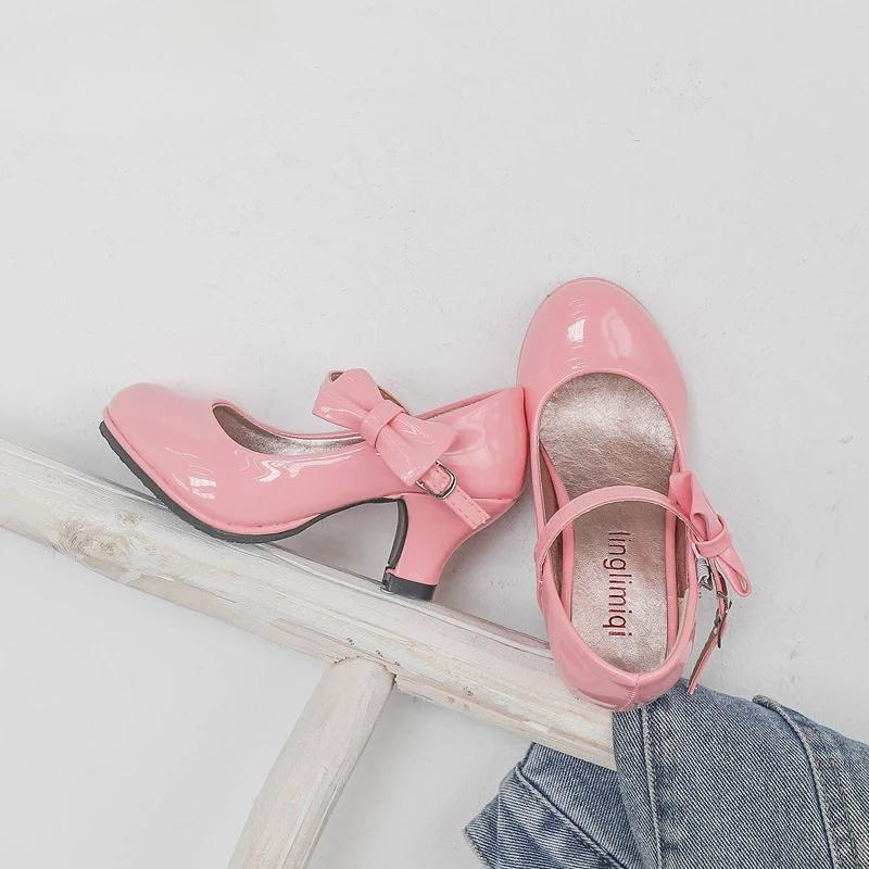 

Girls Leather Shoes Autumn Bowtie Sandals Children Shoes High Heels Princess Sweet Sandals for Girls Party Gift PU 26 рожевий