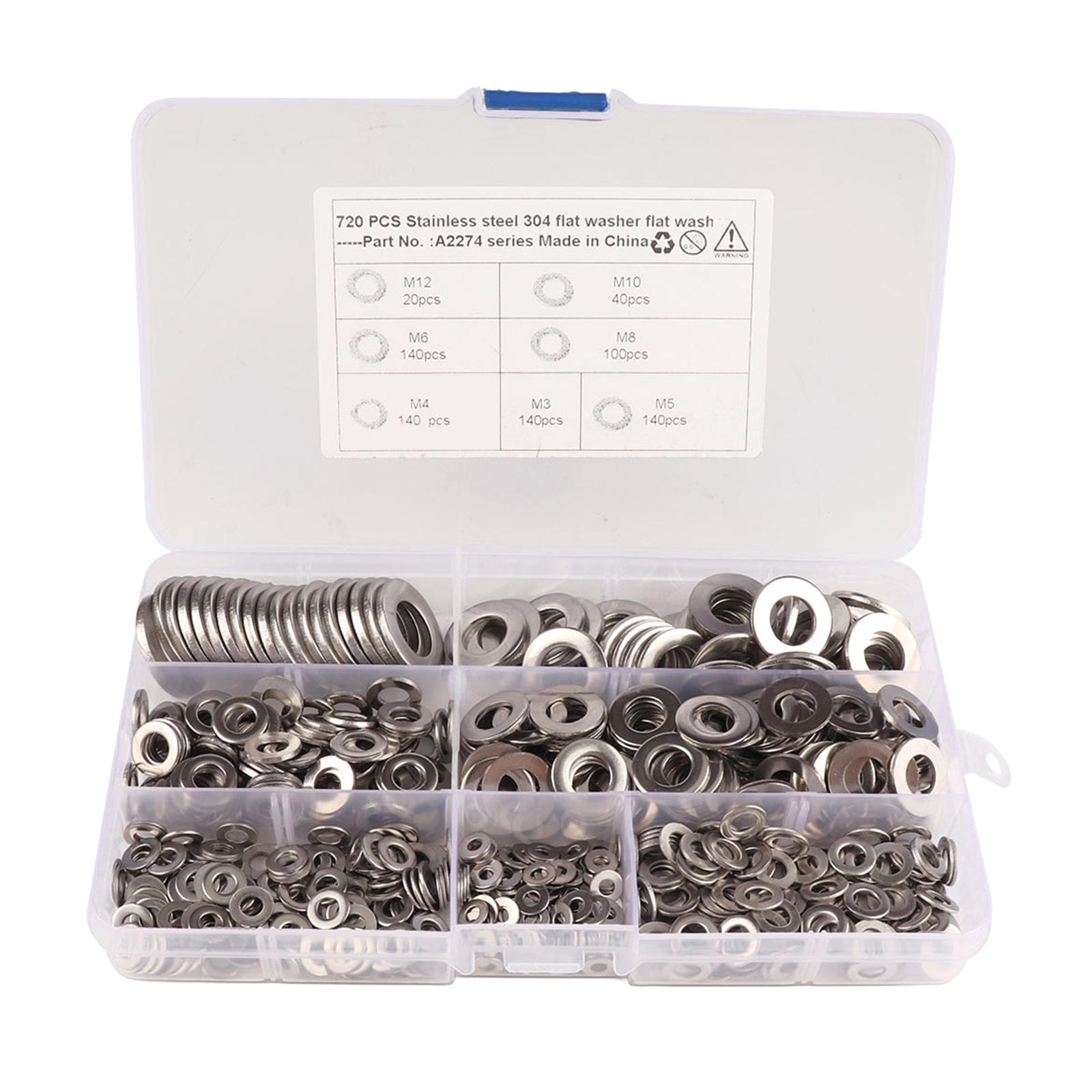 

720Pcs 7 Sizes Stainless Steel Flat Washers Set Hardware Assortment Set 3/4/5/6/8/10/12 for Screw Bolt 1