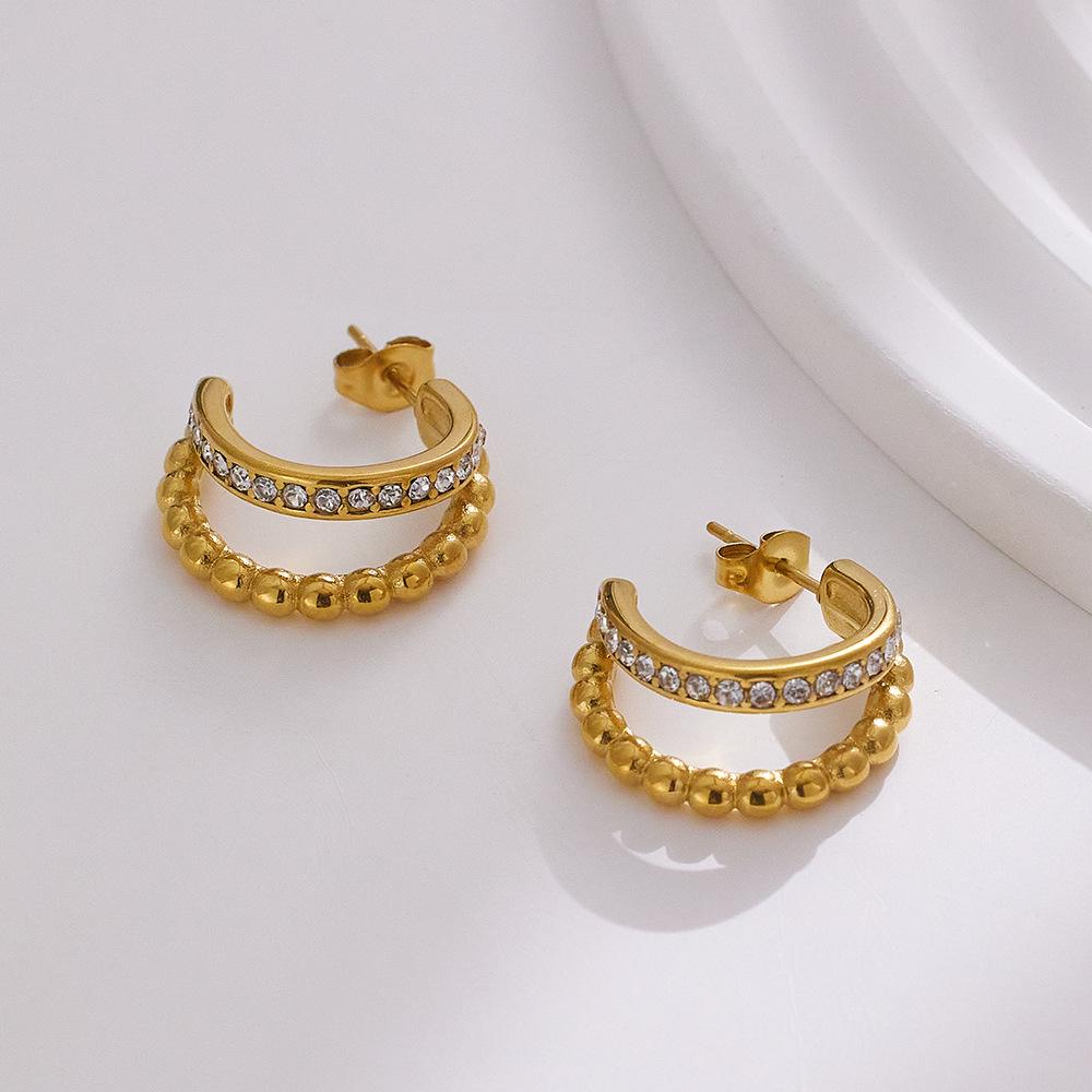 18K Gold Plated C-Shaped Twisted Stainless Steel Earrings with Inlaid Diamonds - High-end Titanium Steel Accessories
