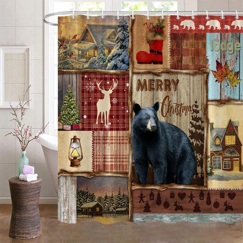 Bear Shower Curtains for Bathroom Wild Animals Rustic Cabin Forest Bear Print Wooden Board Cloth Bath Curtain Set Bathroom Decor